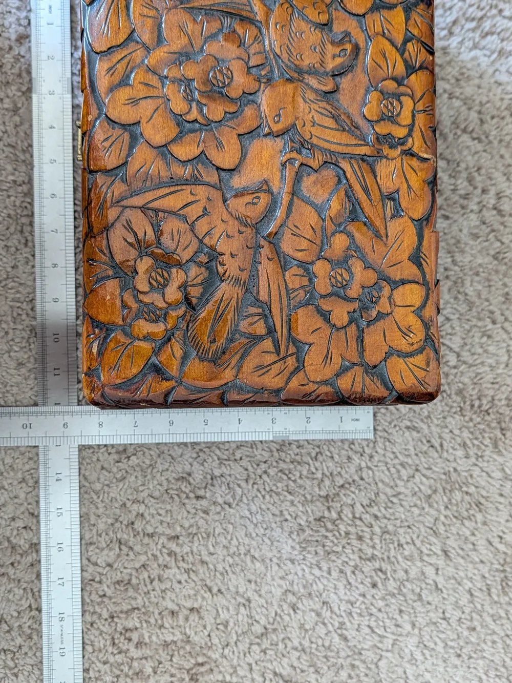 3 Vintage Hand Carved Brown Chinese Bird Camphor Wooden Floral Trinket Boxes